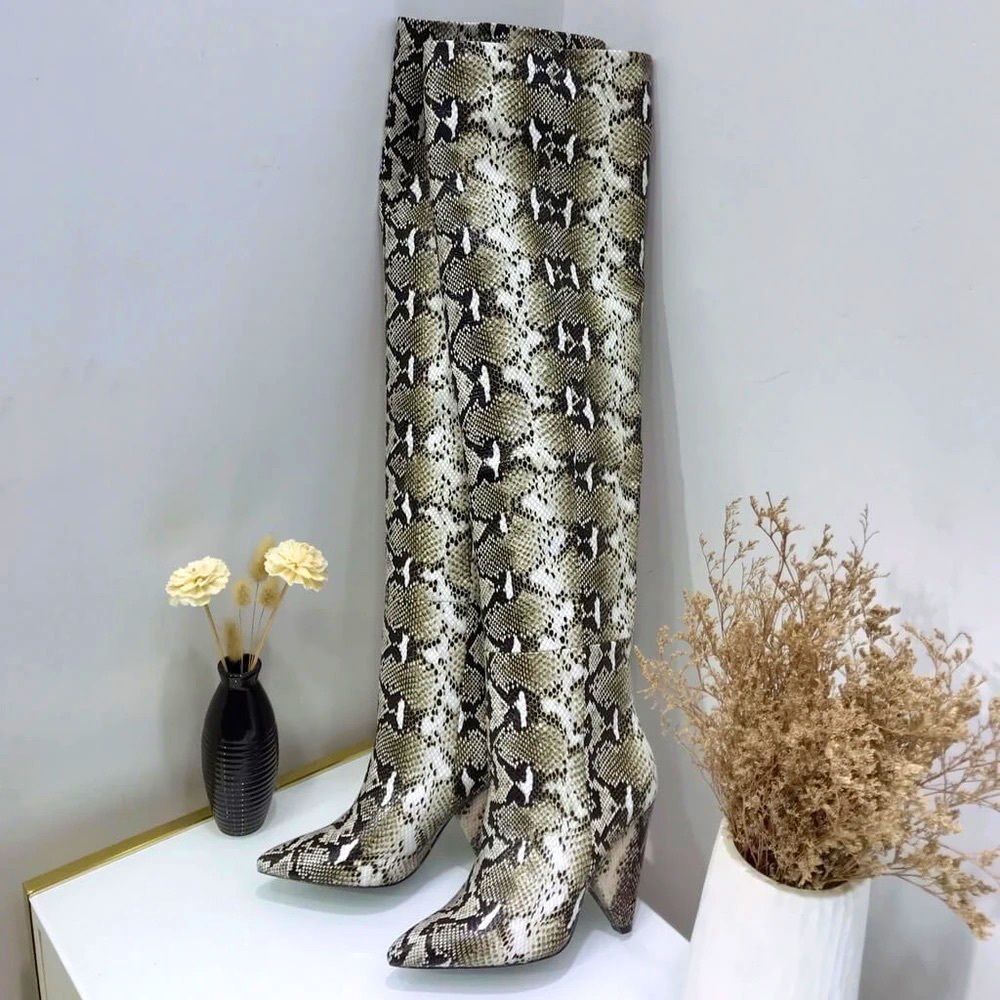 Snake print over the knee boots